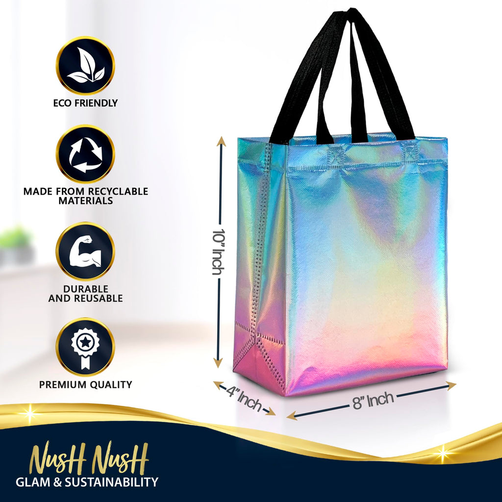 Nush Nush Gradient Bags Medium Size - Set of 12 Aqua to Pink Reusable Bags With Holographic Finish - Perfect For Goodie, Birthday, Party Favors - 8x4x10