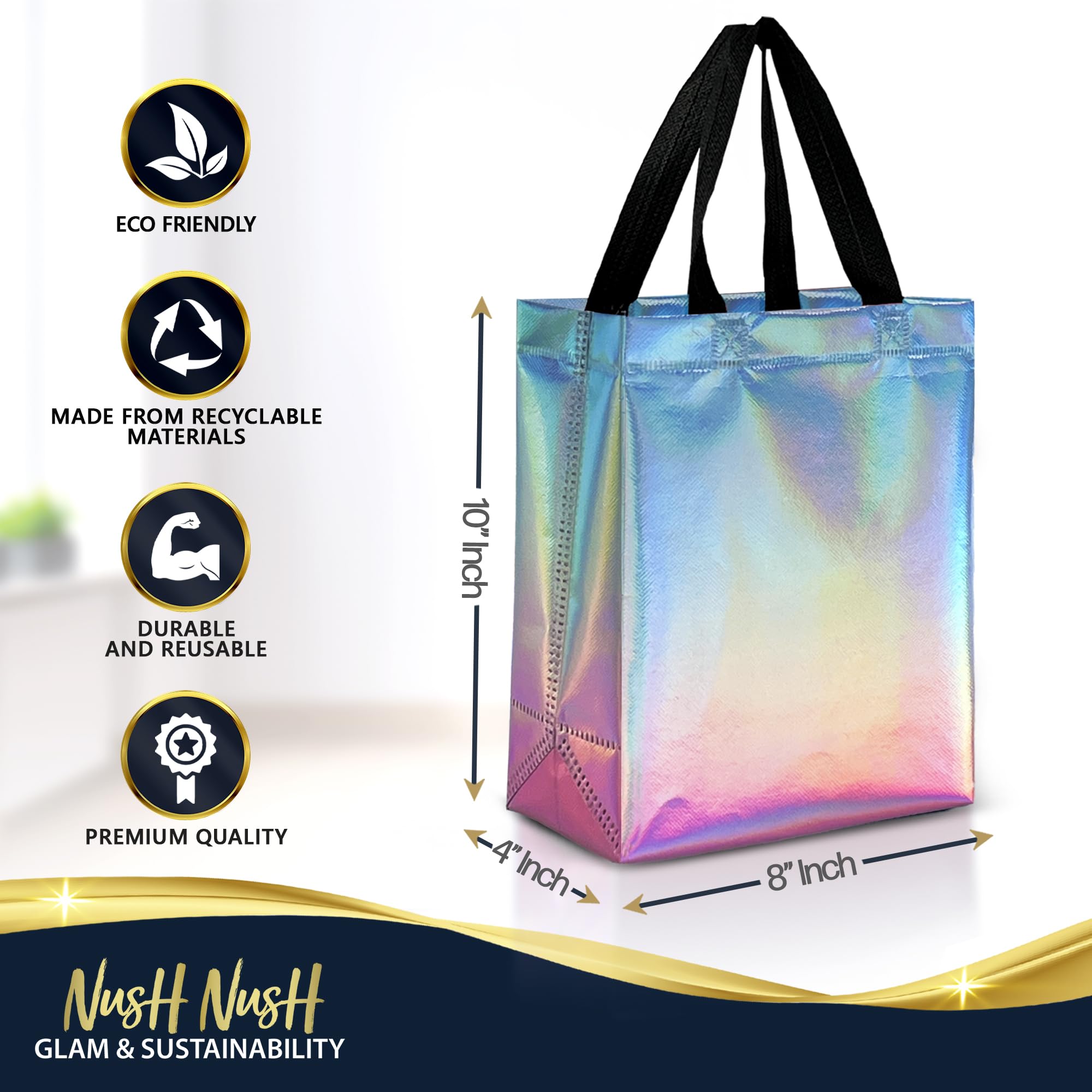 Nush Nush Gradient Bags Medium Size - Set of 12 Aqua to Pink Reusable Bags With Holographic Finish - Perfect For Goodie, Birthday, Party Favors - 8x4x10