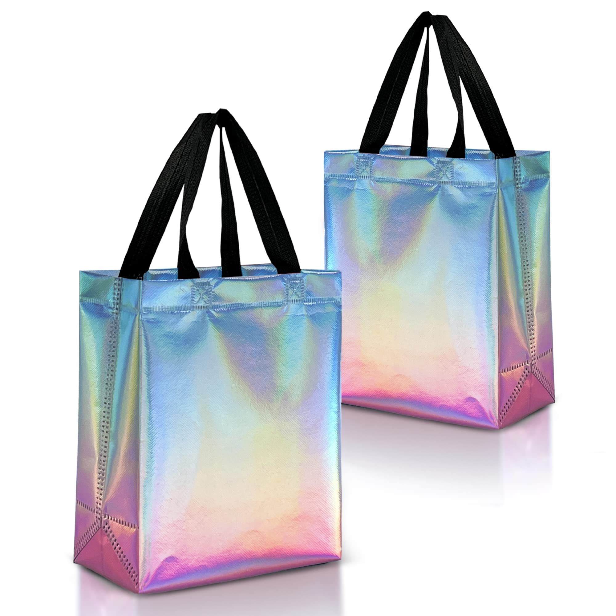 Nush Nush Gradient Bags Medium Size - Set of 12 Aqua to Pink Reusable Bags With Holographic Finish - Perfect For Goodie, Birthday, Party Favors - 8x4x10