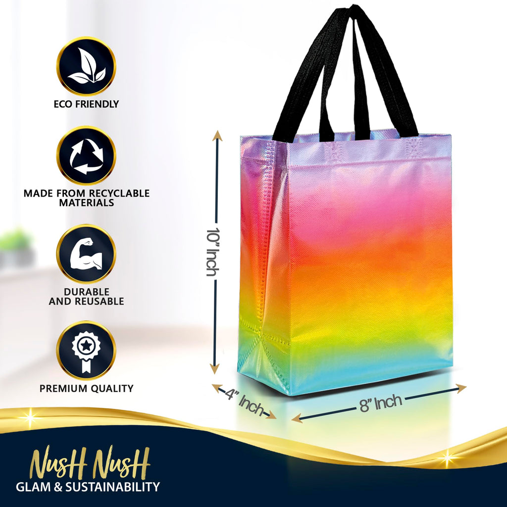 Nush Nush Gradient Bags Medium Size - Set of 12 Aqua to Pink Reusable Bags With Holographic Finish - Perfect For Goodie, Birthday, Party Favors - 8x4x10