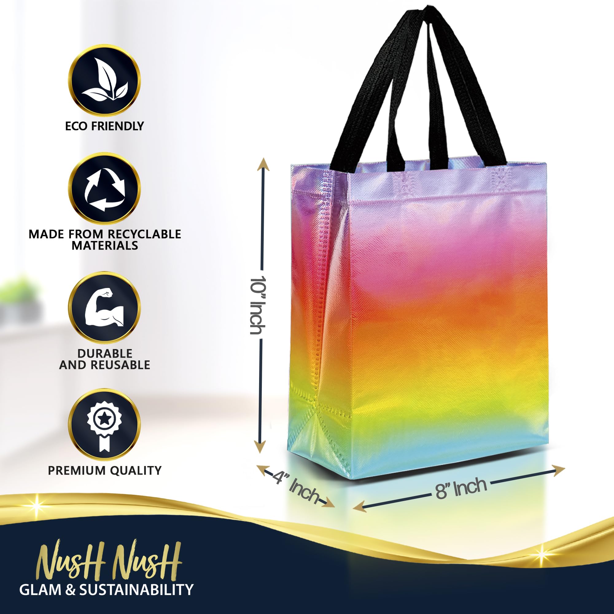 Nush Nush Gradient Bags Medium Size - Set of 12 Aqua to Pink Reusable Bags With Holographic Finish - Perfect For Goodie, Birthday, Party Favors - 8x4x10