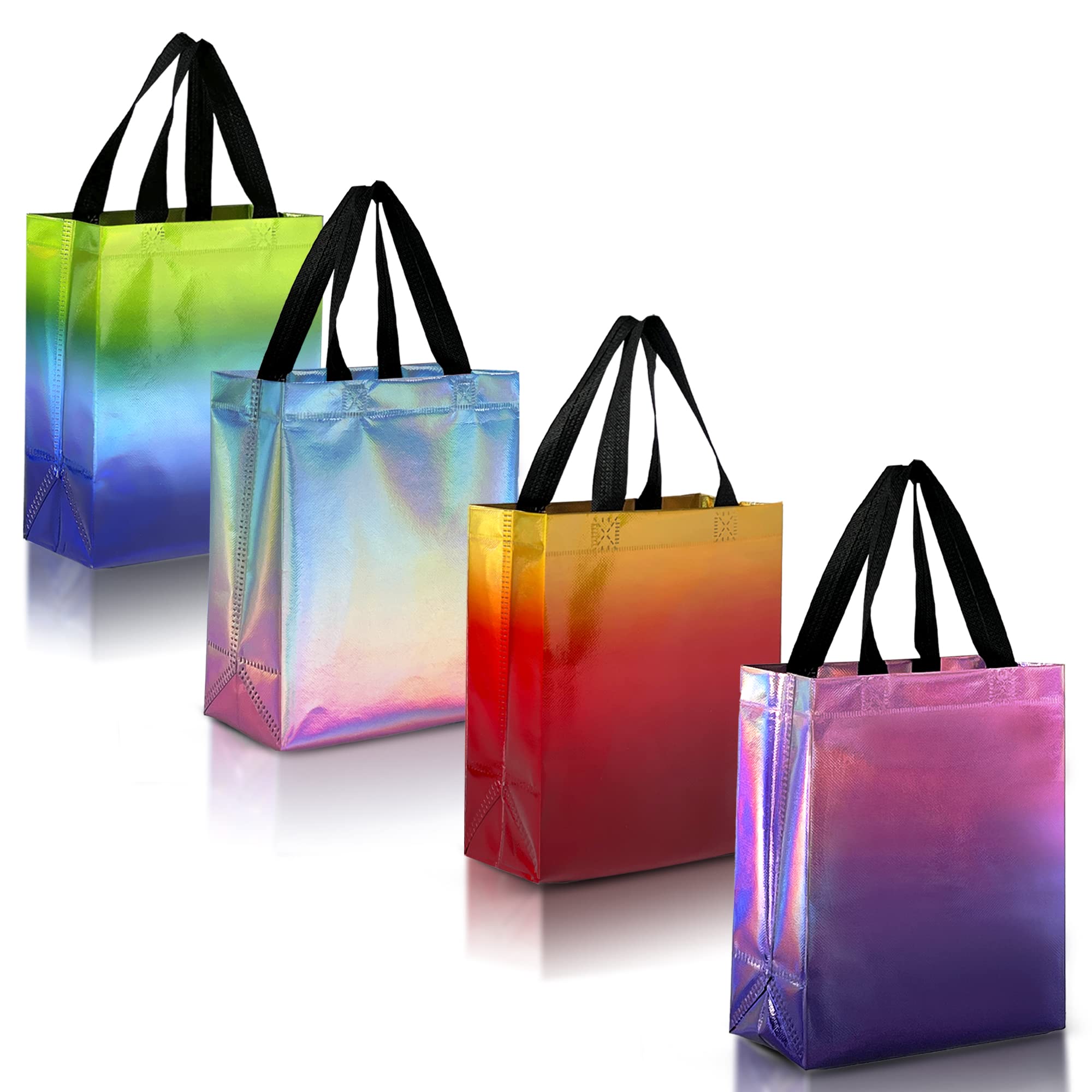 Nush Nush Gradient Bags Medium Size - Set of 12 Aqua to Pink Reusable Bags With Holographic Finish - Perfect For Goodie, Birthday, Party Favors - 8x4x10