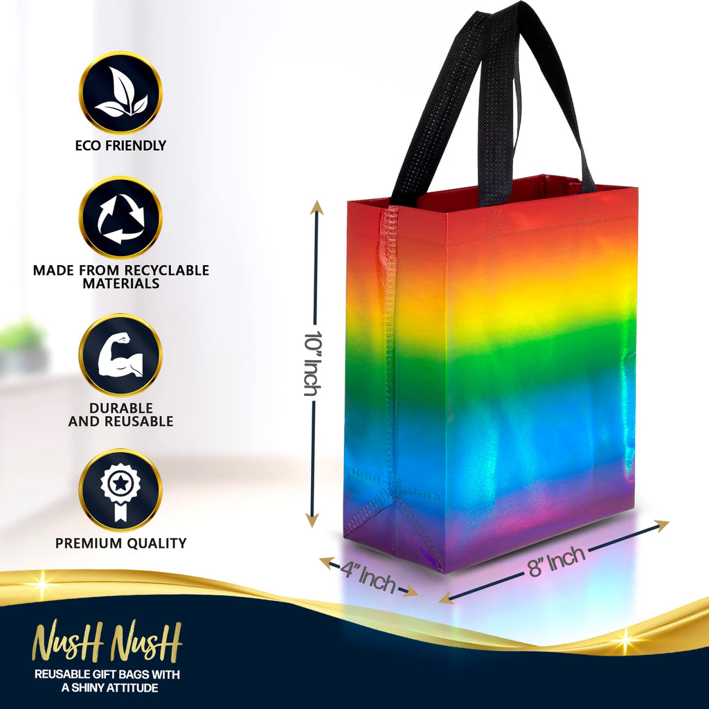 Nush Nush Gradient Bags Medium Size - Set of 12 Aqua to Pink Reusable Bags With Holographic Finish - Perfect For Goodie, Birthday, Party Favors - 8x4x10