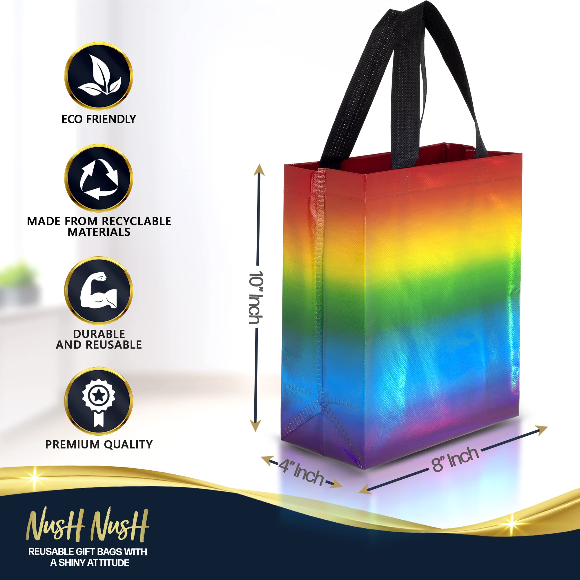 Nush Nush Gradient Bags Medium Size - Set of 12 Aqua to Pink Reusable Bags With Holographic Finish - Perfect For Goodie, Birthday, Party Favors - 8x4x10