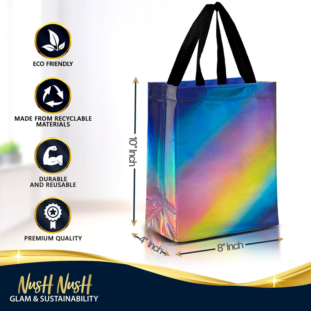 Nush Nush Gradient Bags Medium Size - Set of 12 Aqua to Pink Reusable Bags With Holographic Finish - Perfect For Goodie, Birthday, Party Favors - 8x4x10