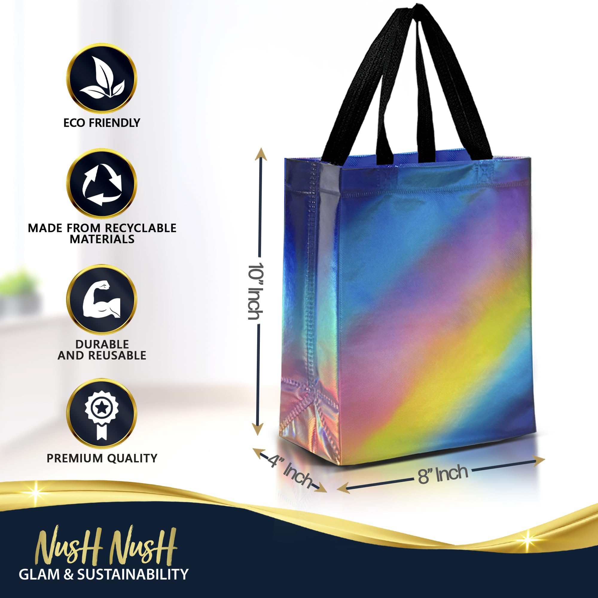Nush Nush Gradient Bags Medium Size - Set of 12 Aqua to Pink Reusable Bags With Holographic Finish - Perfect For Goodie, Birthday, Party Favors - 8x4x10