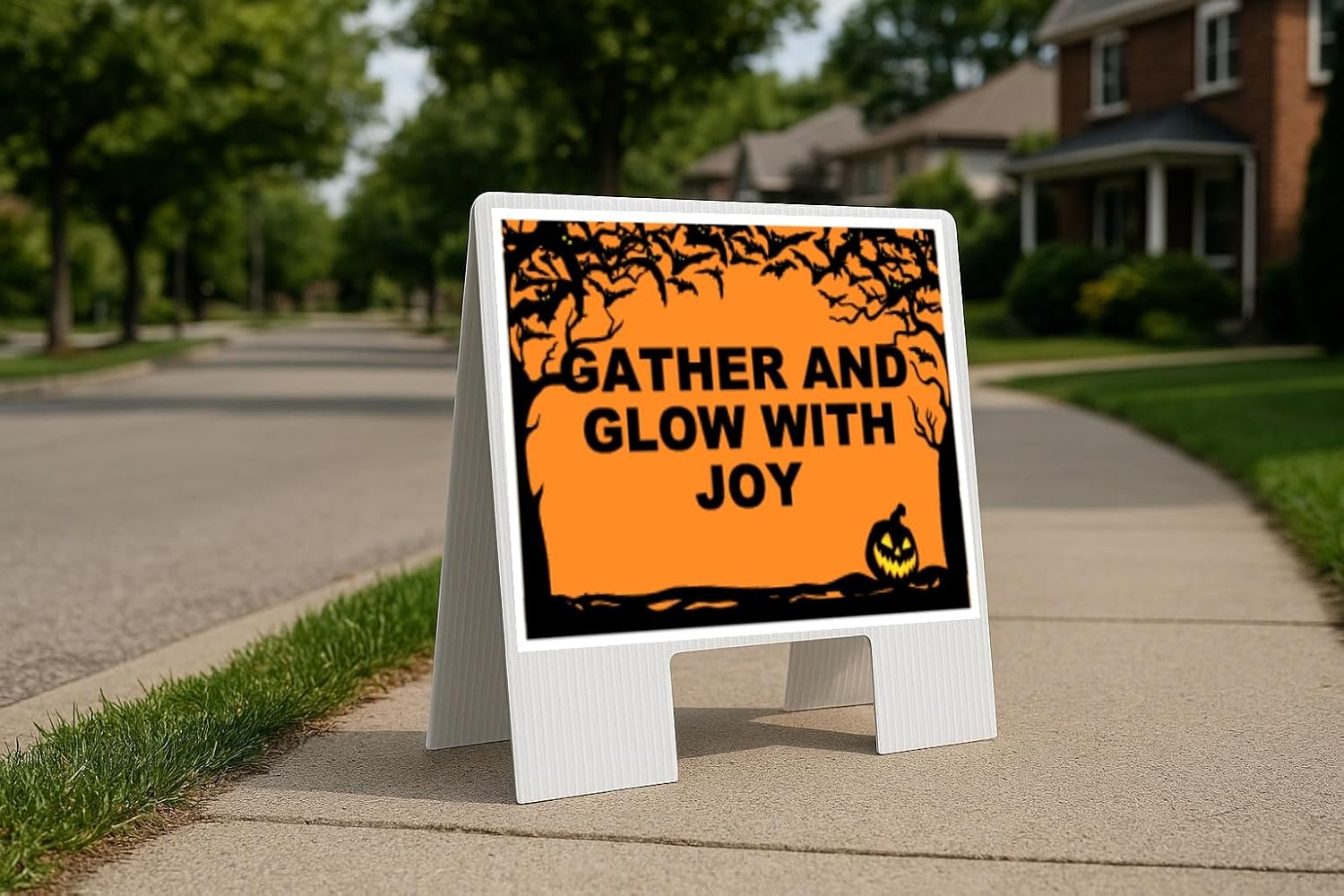 Gather And Glow With Joy Halloween Bats And Jack O Lantern_Fixed Folding Coroplast A-Frame Double-Sided 23in x23in
