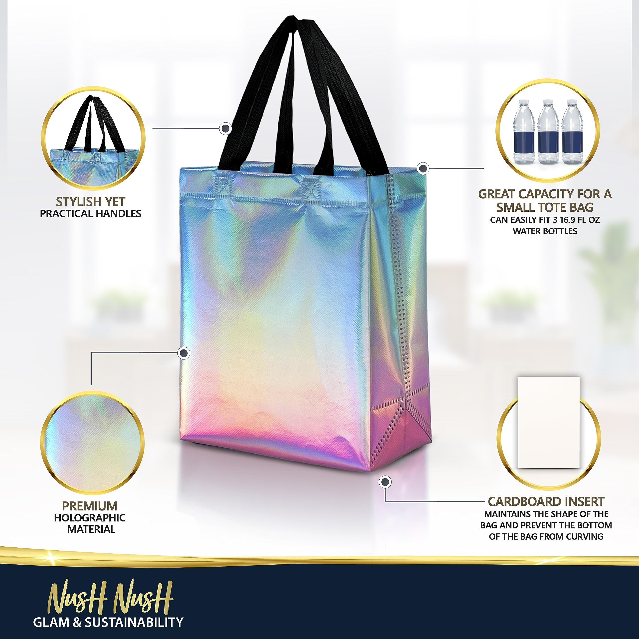 Nush Nush Gradient Bags Medium Size - Set of 12 Aqua to Pink Reusable Bags With Holographic Finish - Perfect For Goodie, Birthday, Party Favors - 8x4x10