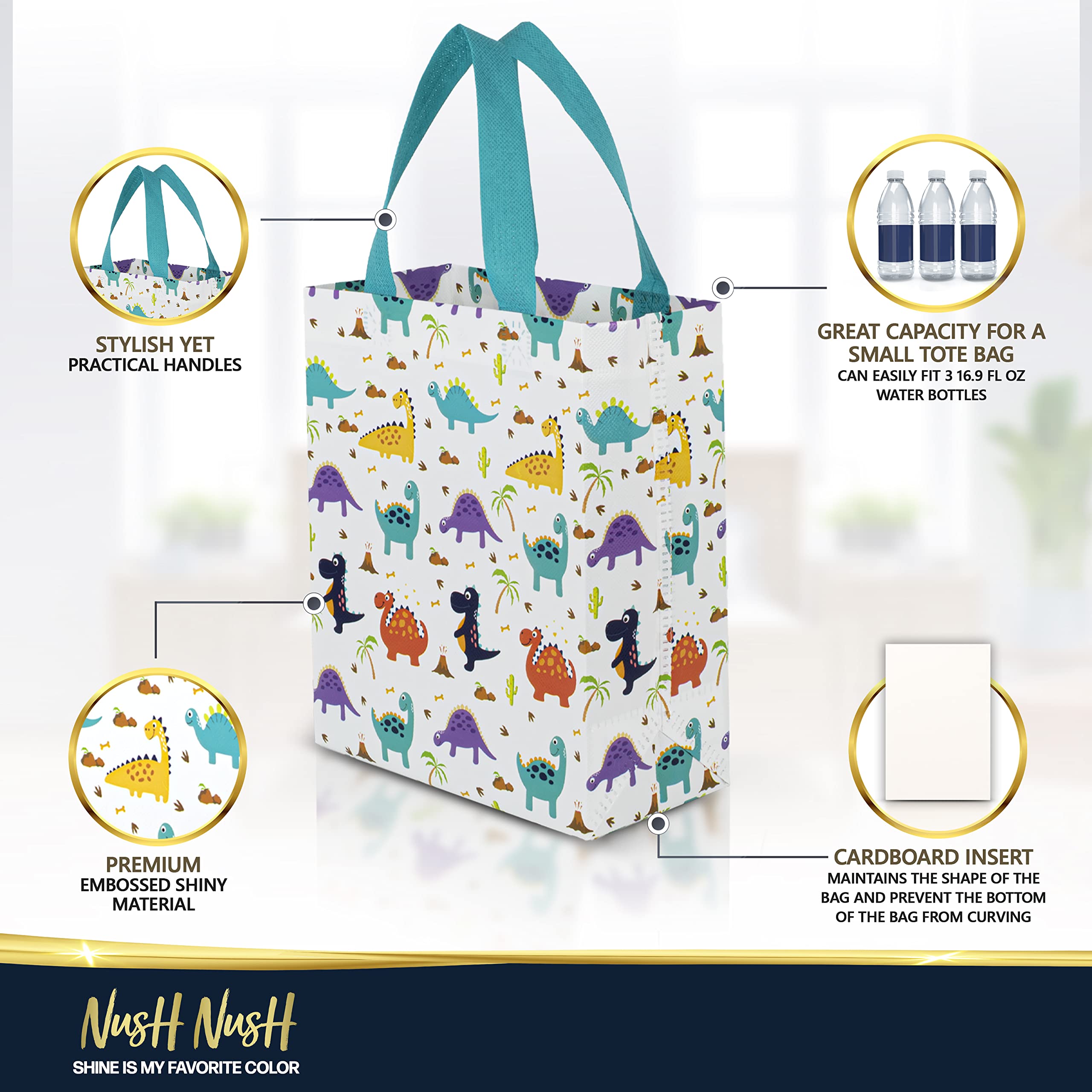 Nush Nush Gradient Bags Medium Size - Set of 12 Aqua to Pink Reusable Bags With Holographic Finish - Perfect For Goodie, Birthday, Party Favors - 8x4x10