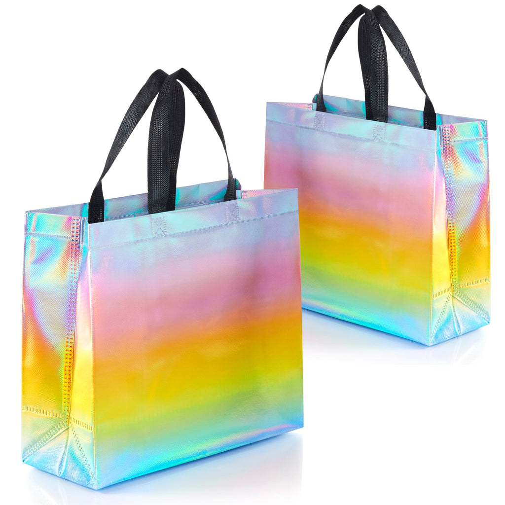 Nush Nush Gradient Bags Medium Size - Set of 12 Aqua to Pink Reusable Bags With Holographic Finish - Perfect For Goodie, Birthday, Party Favors - 8x4x10