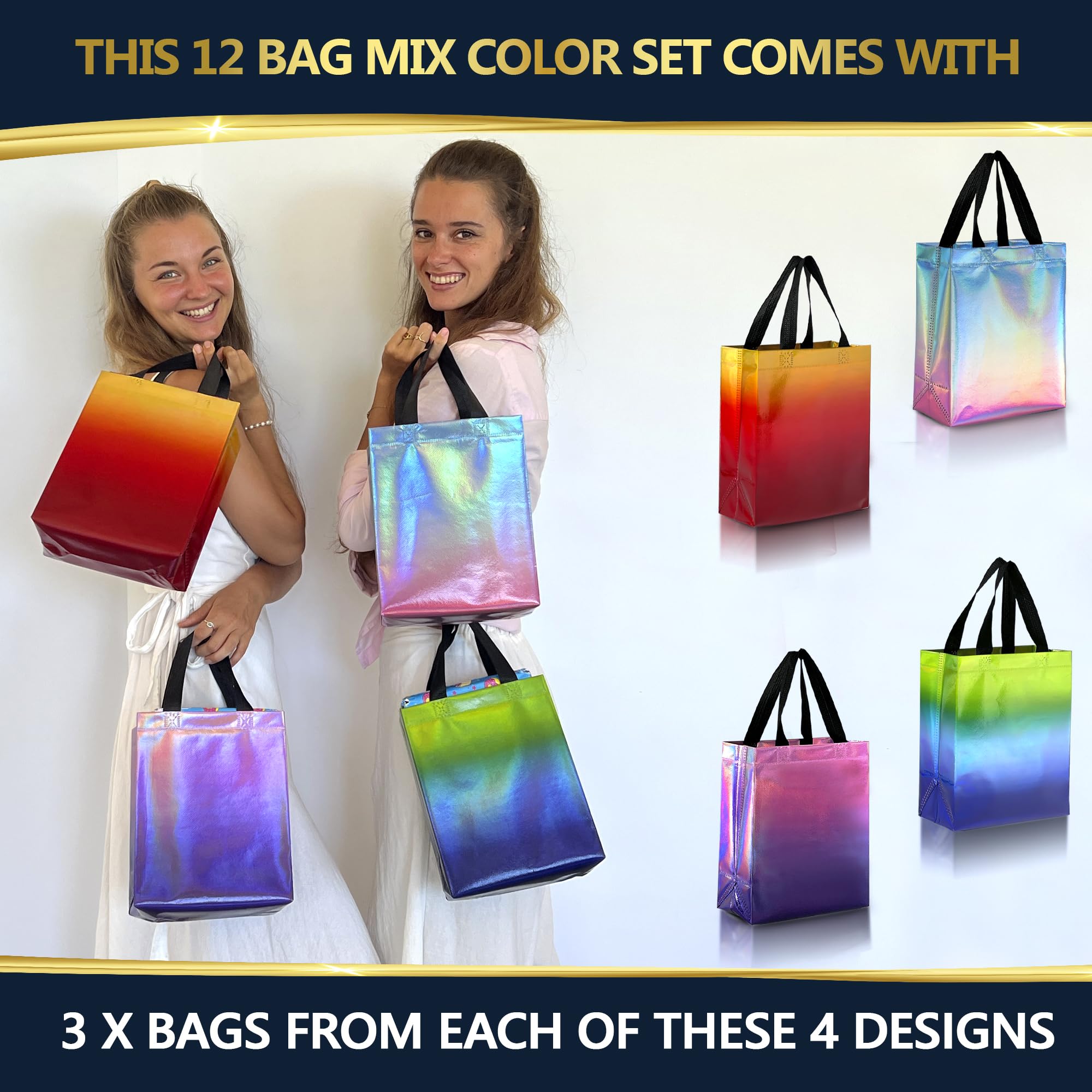 Nush Nush Gradient Bags Medium Size - Set of 12 Aqua to Pink Reusable Bags With Holographic Finish - Perfect For Goodie, Birthday, Party Favors - 8x4x10