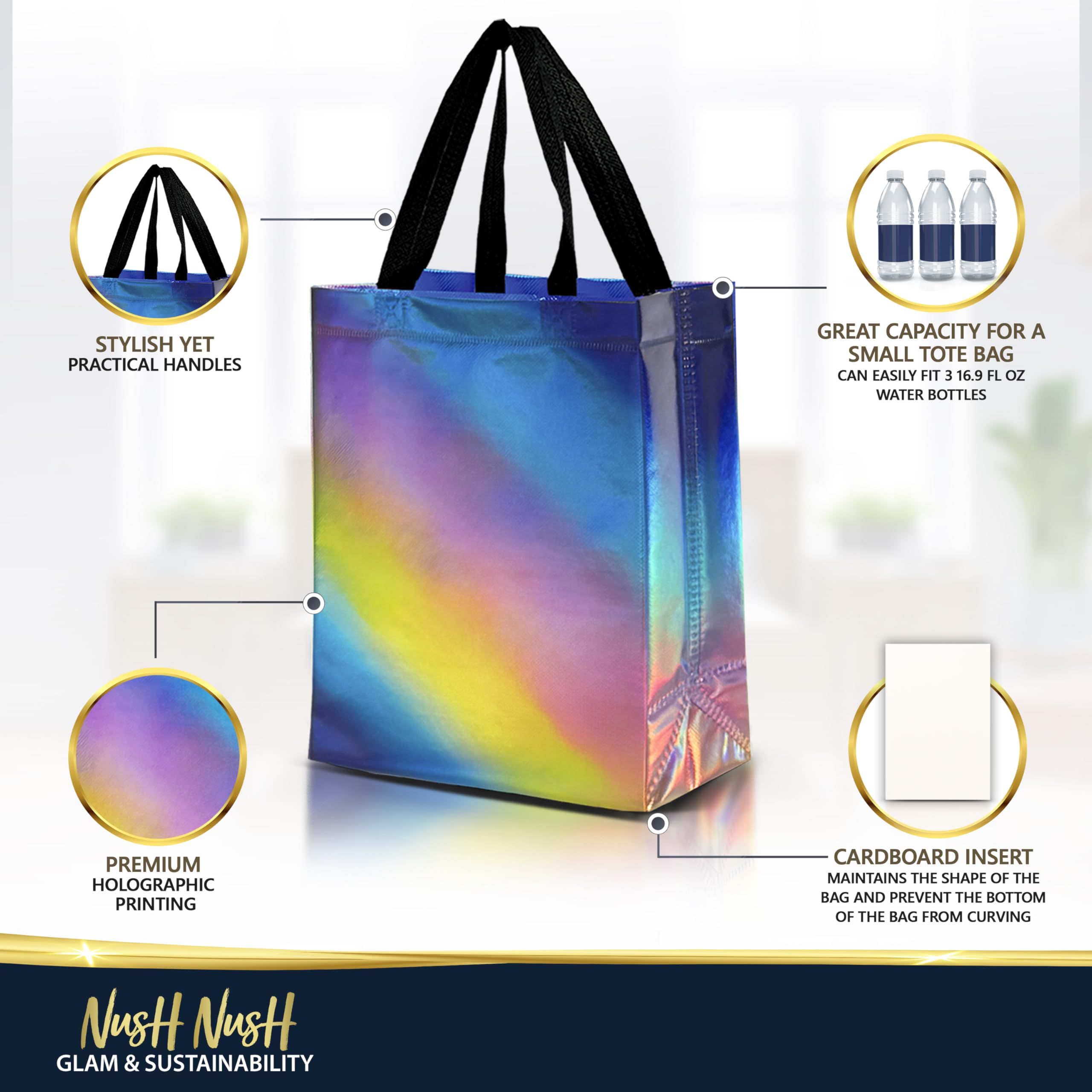 Nush Nush Gradient Bags Medium Size - Set of 12 Aqua to Pink Reusable Bags With Holographic Finish - Perfect For Goodie, Birthday, Party Favors - 8x4x10