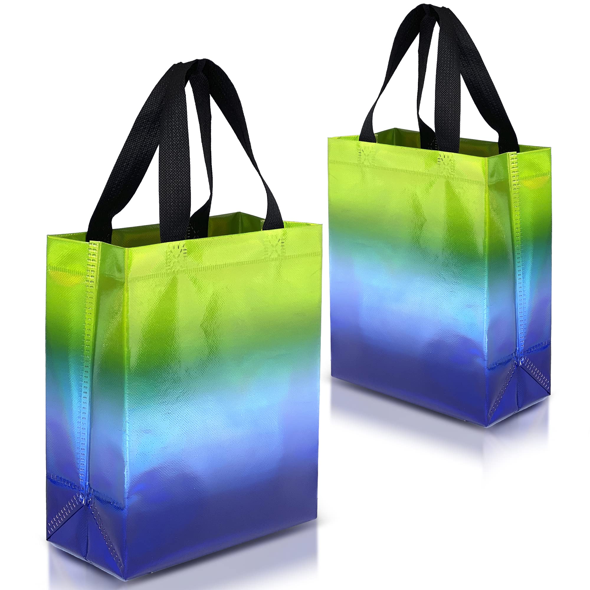 Nush Nush Gradient Bags Medium Size - Set of 12 Aqua to Pink Reusable Bags With Holographic Finish - Perfect For Goodie, Birthday, Party Favors - 8x4x10