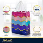Nush Nush Gradient Bags Medium Size - Set of 12 Aqua to Pink Reusable Bags With Holographic Finish - Perfect For Goodie, Birthday, Party Favors - 8x4x10