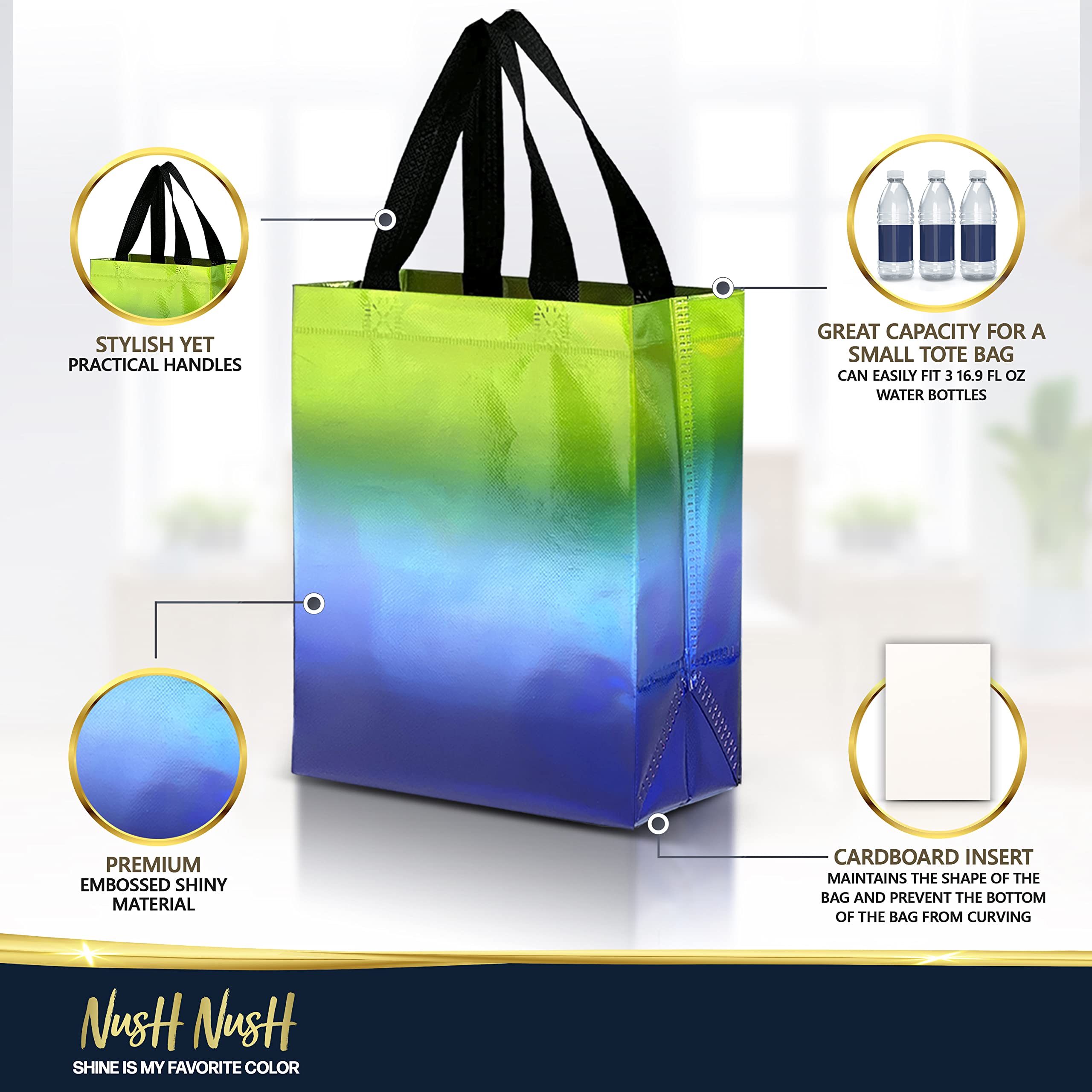 Nush Nush Gradient Bags Medium Size - Set of 12 Aqua to Pink Reusable Bags With Holographic Finish - Perfect For Goodie, Birthday, Party Favors - 8x4x10