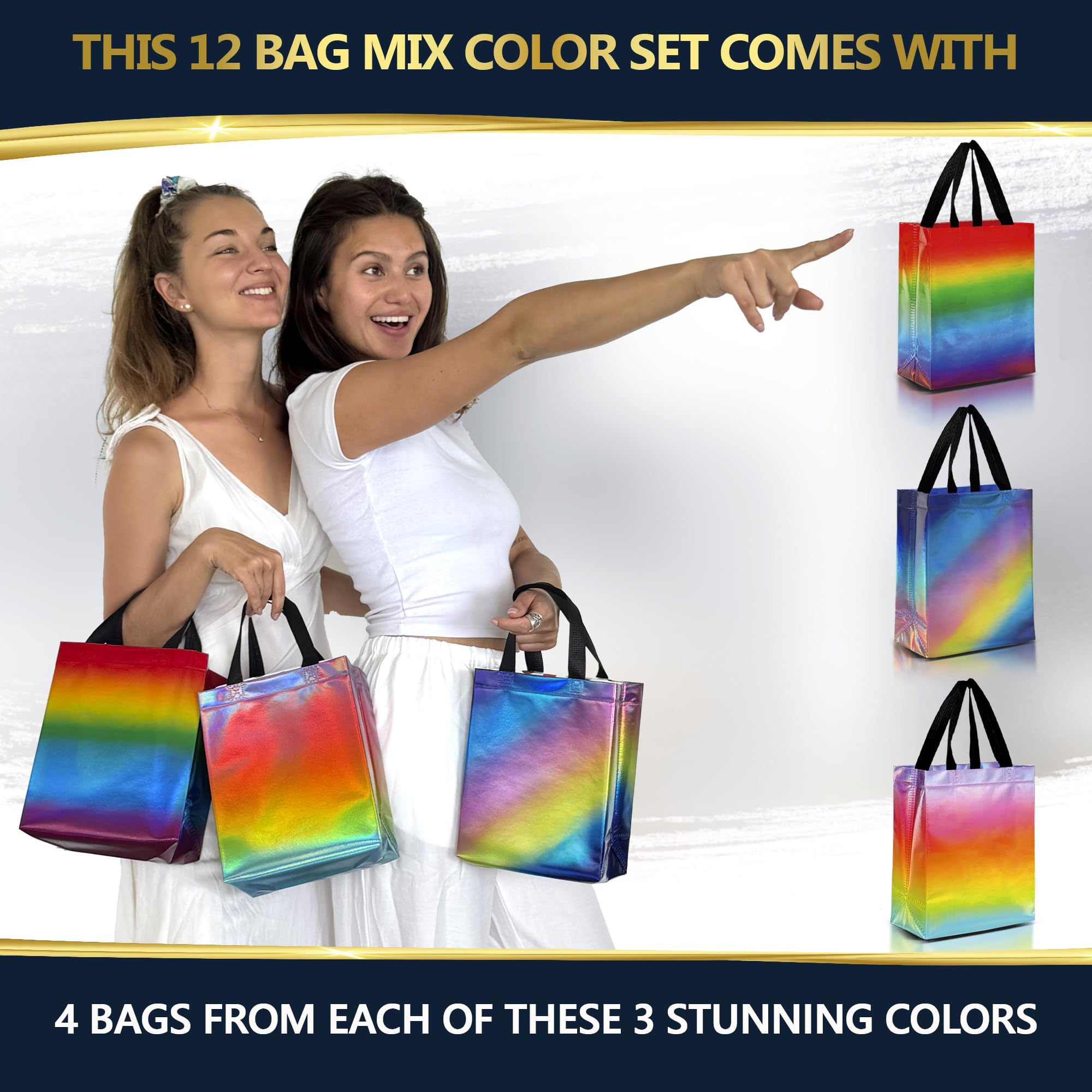 Nush Nush Gradient Bags Medium Size - Set of 12 Aqua to Pink Reusable Bags With Holographic Finish - Perfect For Goodie, Birthday, Party Favors - 8x4x10
