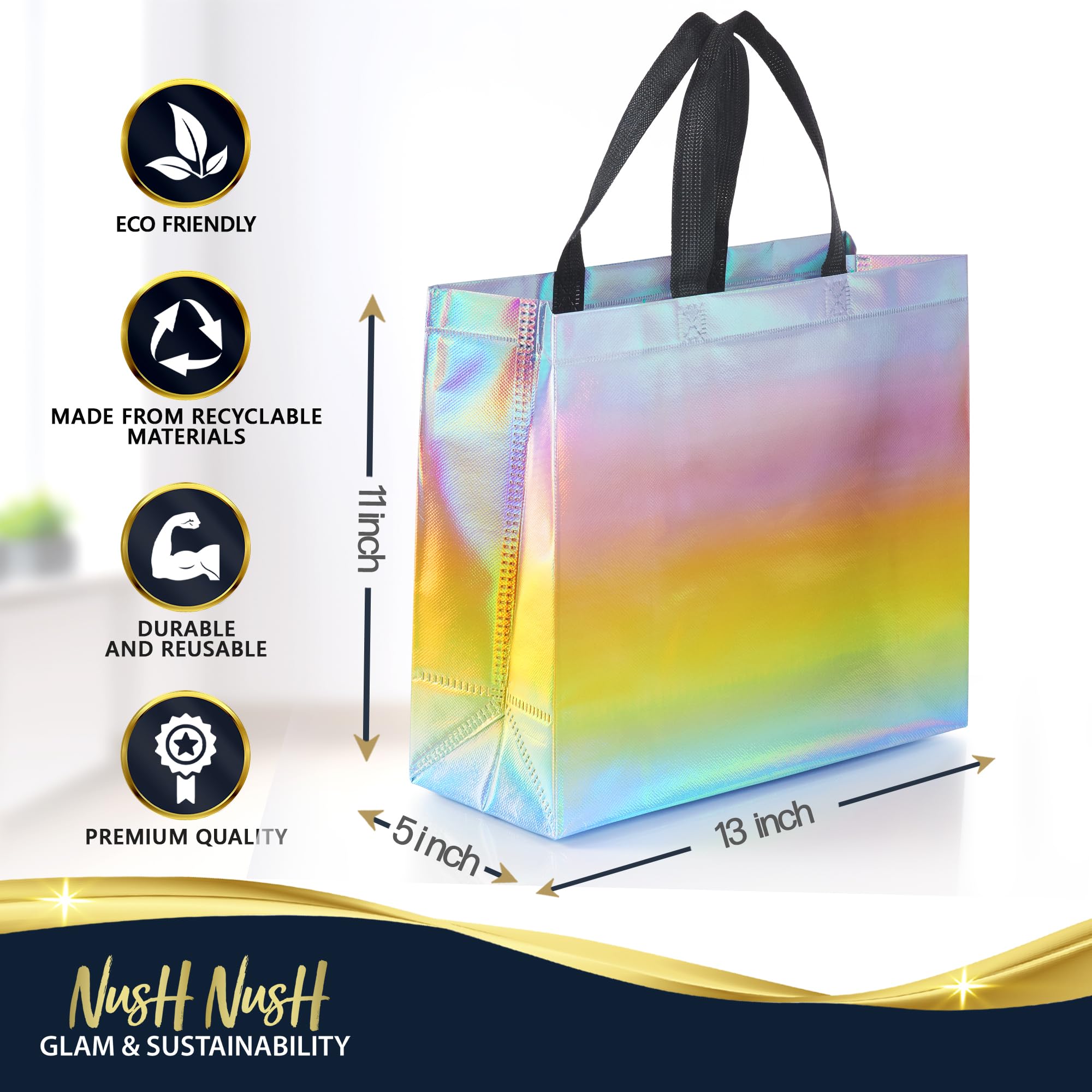 Nush Nush Gradient Bags Medium Size - Set of 12 Aqua to Pink Reusable Bags With Holographic Finish - Perfect For Goodie, Birthday, Party Favors - 8x4x10