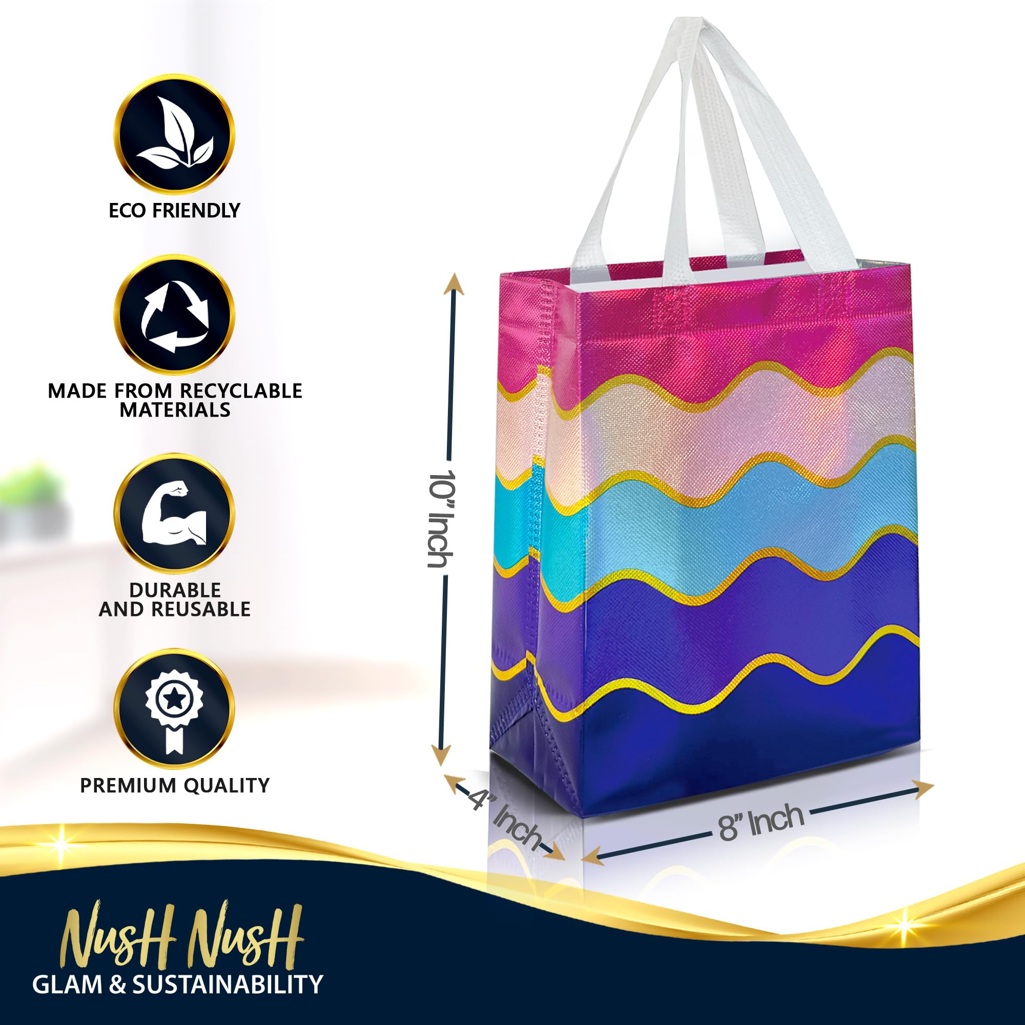 Nush Nush Gradient Bags Medium Size - Set of 12 Aqua to Pink Reusable Bags With Holographic Finish - Perfect For Goodie, Birthday, Party Favors - 8x4x10