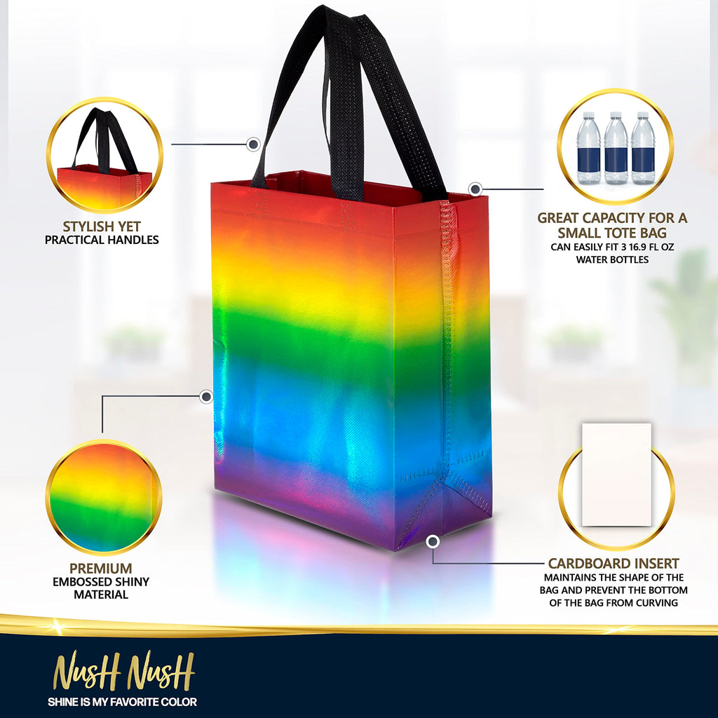 Nush Nush Gradient Bags Medium Size - Set of 12 Aqua to Pink Reusable Bags With Holographic Finish - Perfect For Goodie, Birthday, Party Favors - 8x4x10