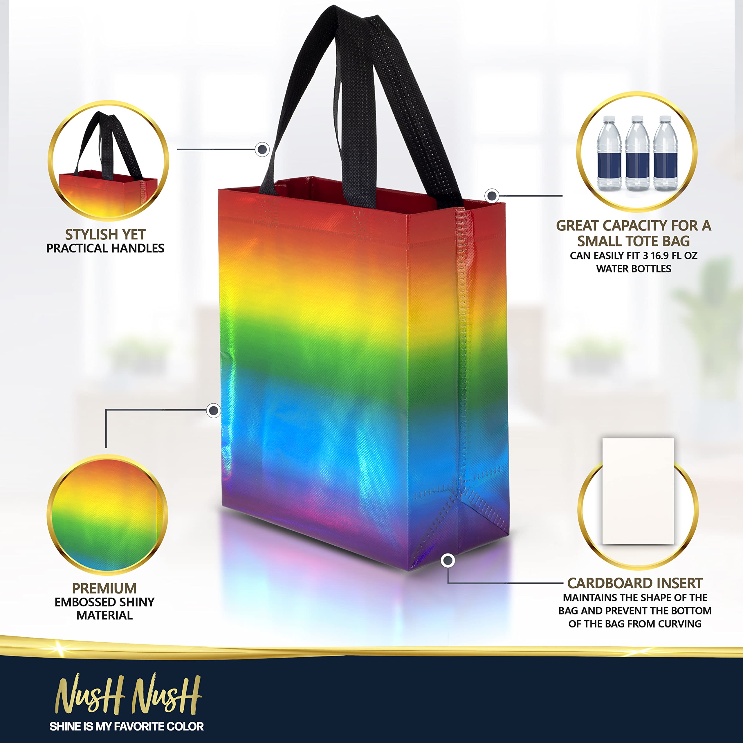 Nush Nush Gradient Bags Medium Size - Set of 12 Aqua to Pink Reusable Bags With Holographic Finish - Perfect For Goodie, Birthday, Party Favors - 8x4x10