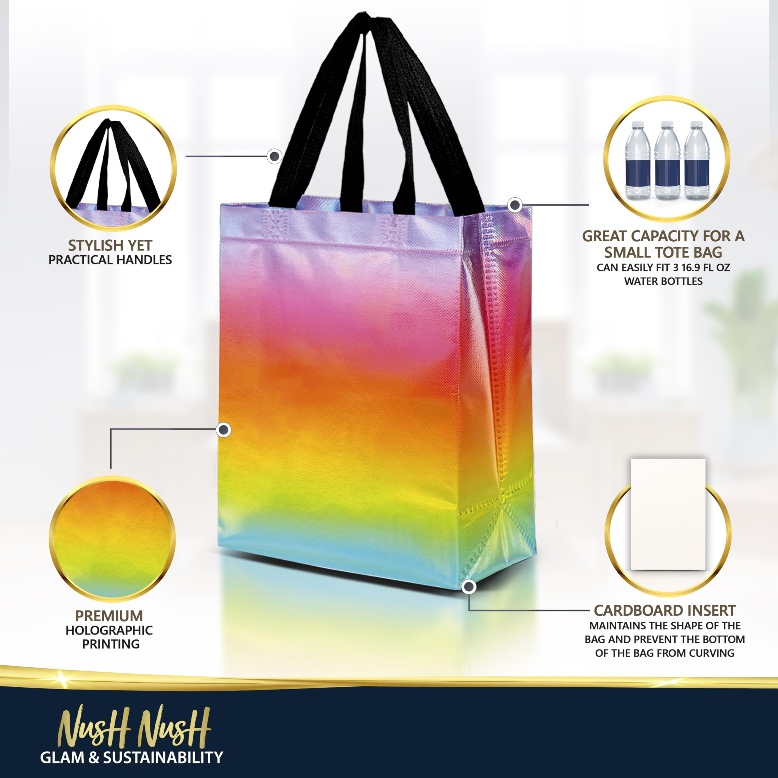 Nush Nush Gradient Bags Medium Size - Set of 12 Aqua to Pink Reusable Bags With Holographic Finish - Perfect For Goodie, Birthday, Party Favors - 8x4x10